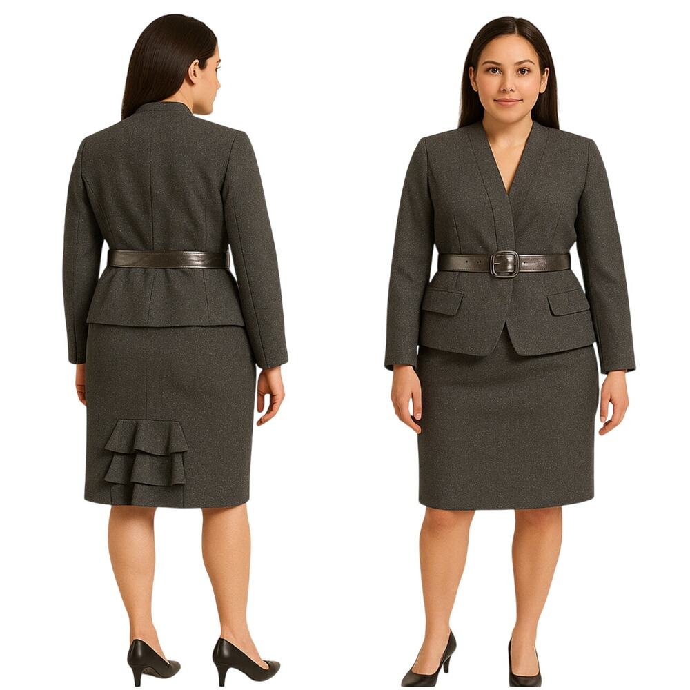 Worthington Brown Tweed Ruffle Trim Belted Suit Skirt and Jacket Size L/12